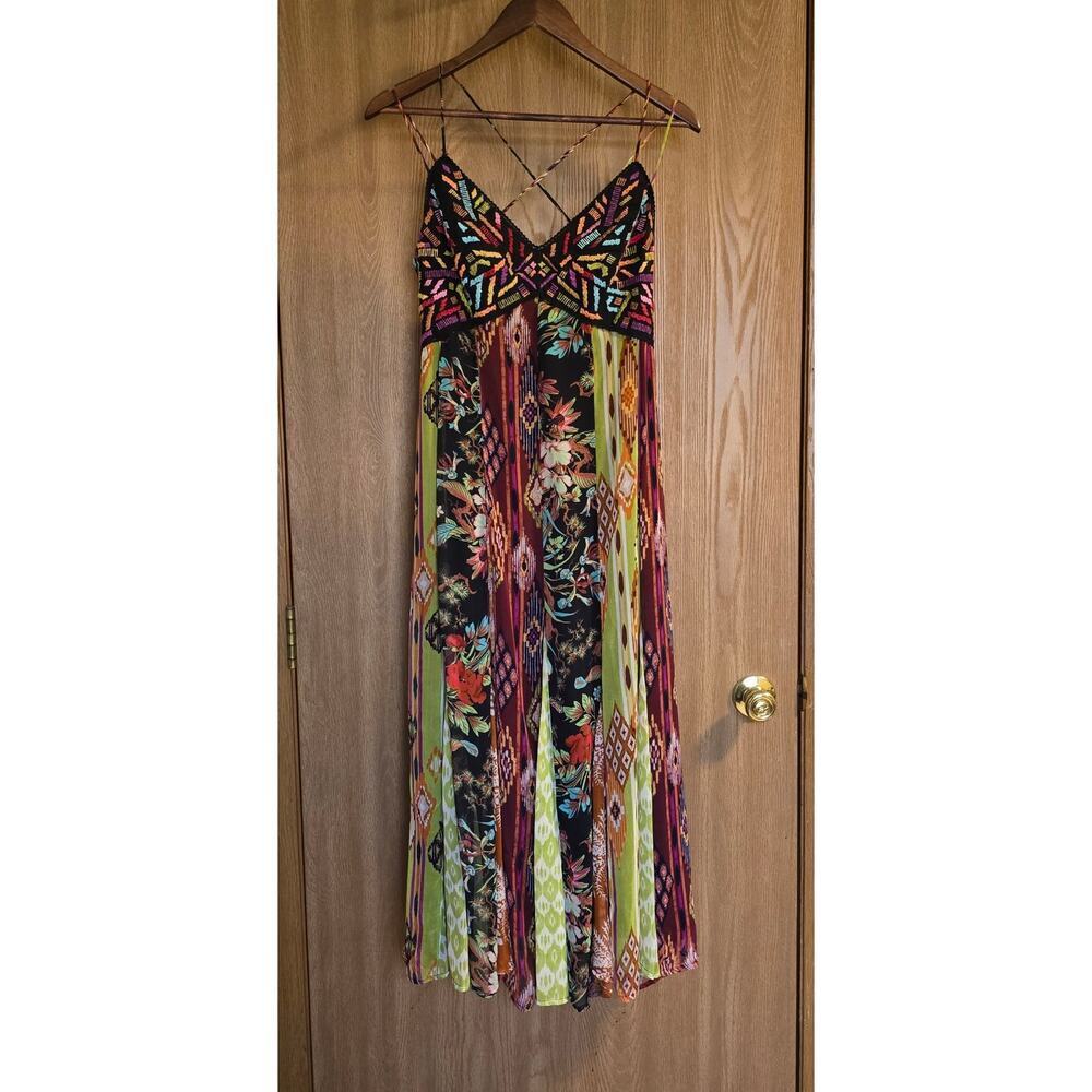 Anthropologie Multi Print V Neck Embroidered Geometric Maxi Dress - Picture 3 of 14